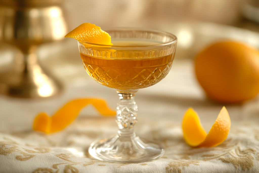 Un cocktail au whisky ou au rhum dans un verre vintage, avec une garniture de zeste d'orange, illustrant l’élégance des spiritueux vieillis.