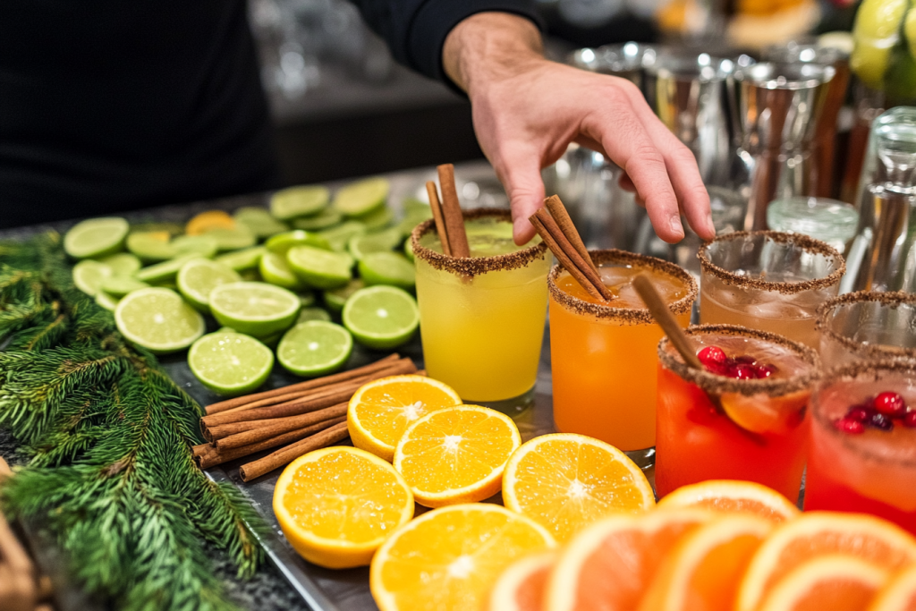 Un barman garnit un mocktail coloré avec des agrumes et des bâtons de cannelle, montrant la diversité des boissons sans alcool en hiver.