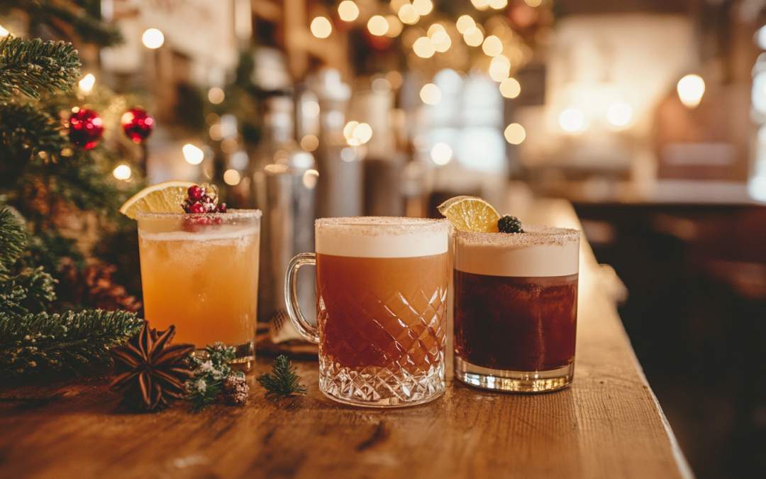 Une scène de bar hivernal avec différents cocktails d'hiver, des boissons épicées, du whisky dans des verres vintage, du chocolat chaud et des mocktails, dans une ambiance chaleureuse et festive.