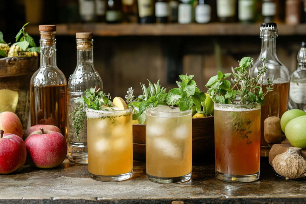 Un cocktail artisanal à base de cidre et d'herbes locales, dans un décor rustique avec des produits locaux et des bouteilles faites à la main.