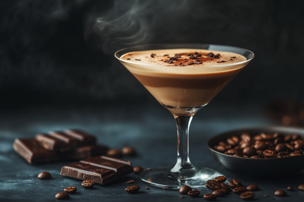 Un Espresso Martini chaud servi avec des grains de café et des copeaux de chocolat, parfait pour une ambiance de café hivernal.