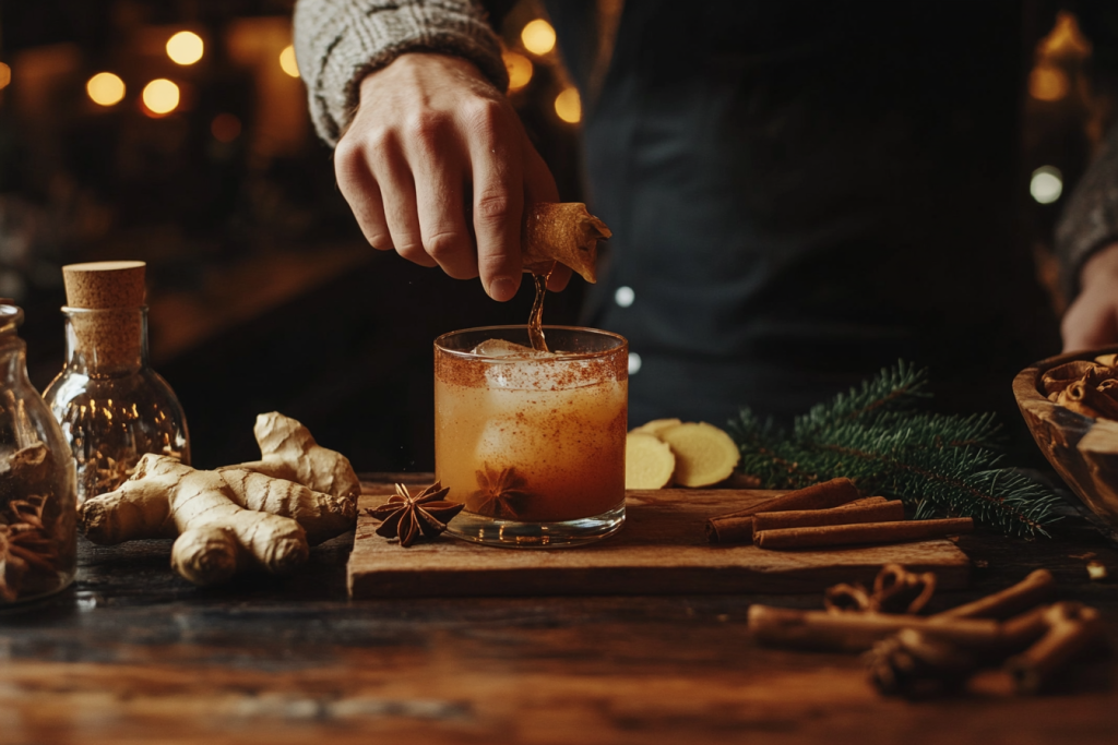 Un barman prépare un cocktail épicé d'hiver, entouré de bâtons de cannelle et d'étoiles d'anis, créant une atmosphère chaleureuse.