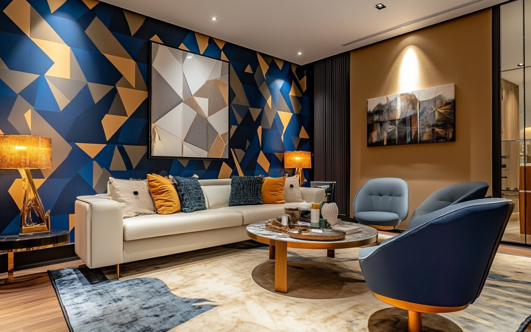 Un salon moderne avec un papier peint géométrique audacieux dans des tons bleus et dorés, mettant en valeur un mobilier minimaliste et un éclairage chaleureux.