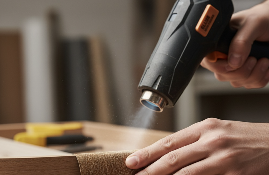 Photo macro des mains d'un artisan appliquant un revêtement adhésif texturé sur le coin d'un meuble en bois. Une main tient un décapeur thermique qui chauffe légèrement le film, l'autre main lisse le film avec une raclette de pose.