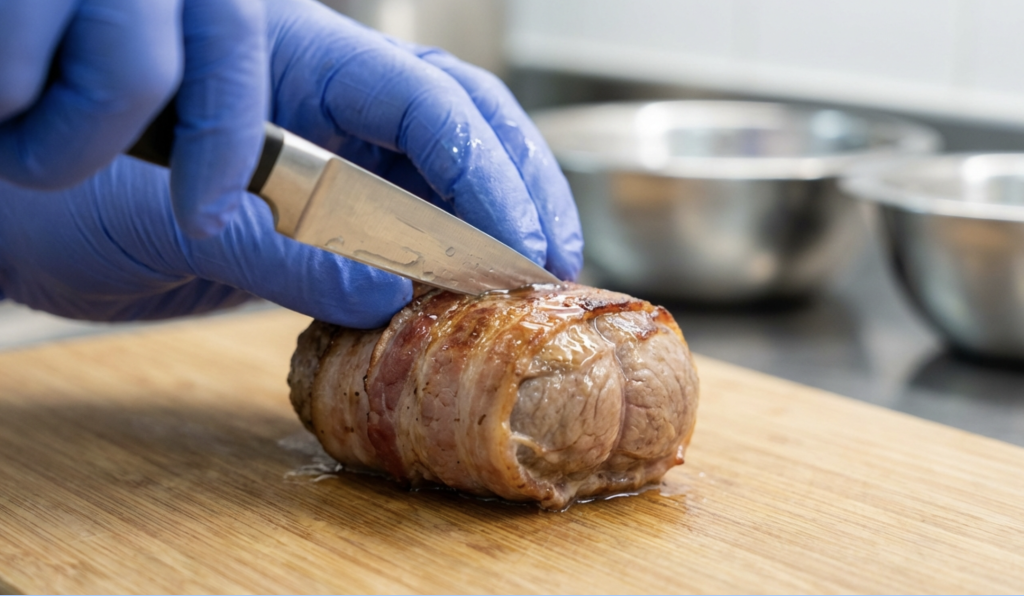 Test de cuisson d'une paupiette de veau avec la pointe d'un couteau.