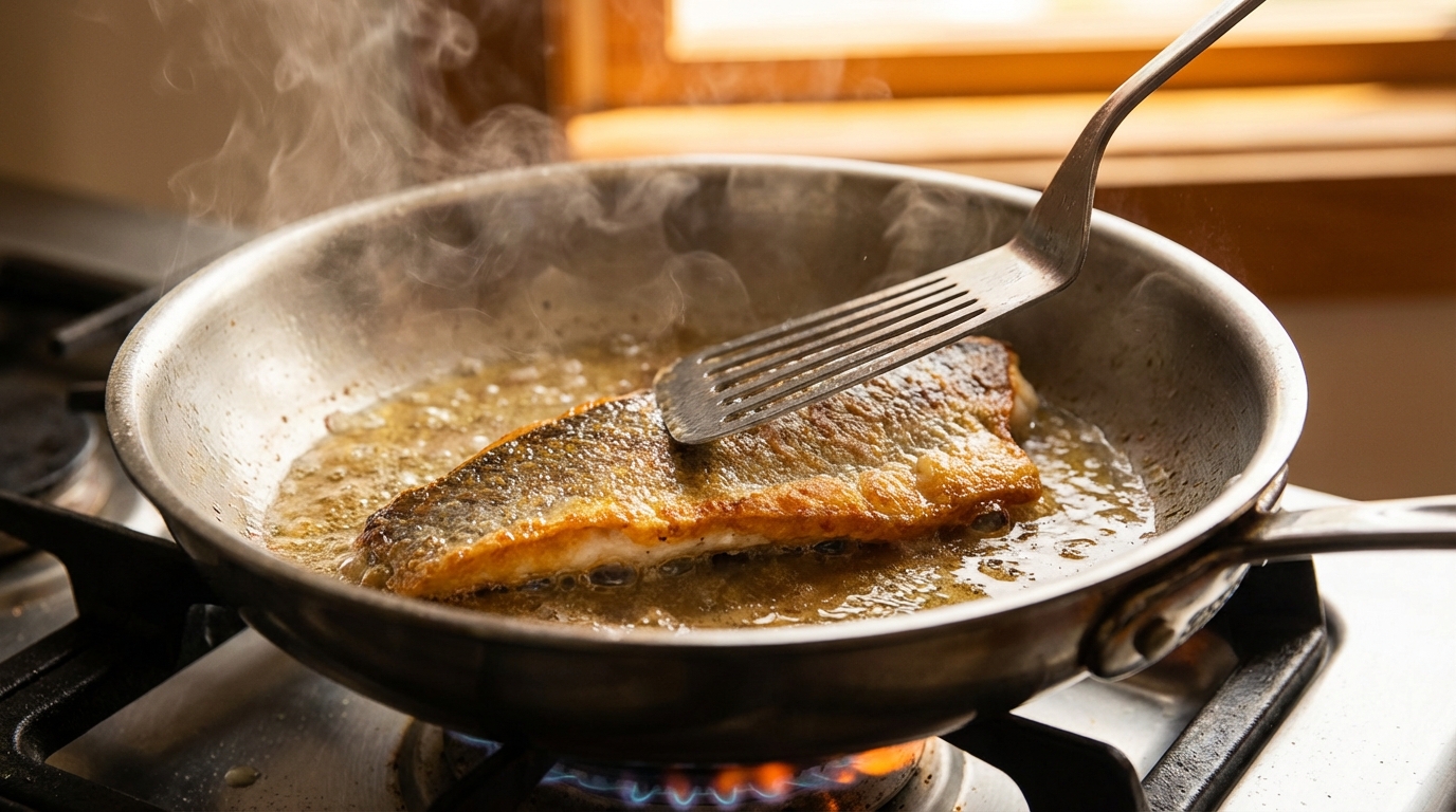 Cuisson du black bass à la poêle côté peau