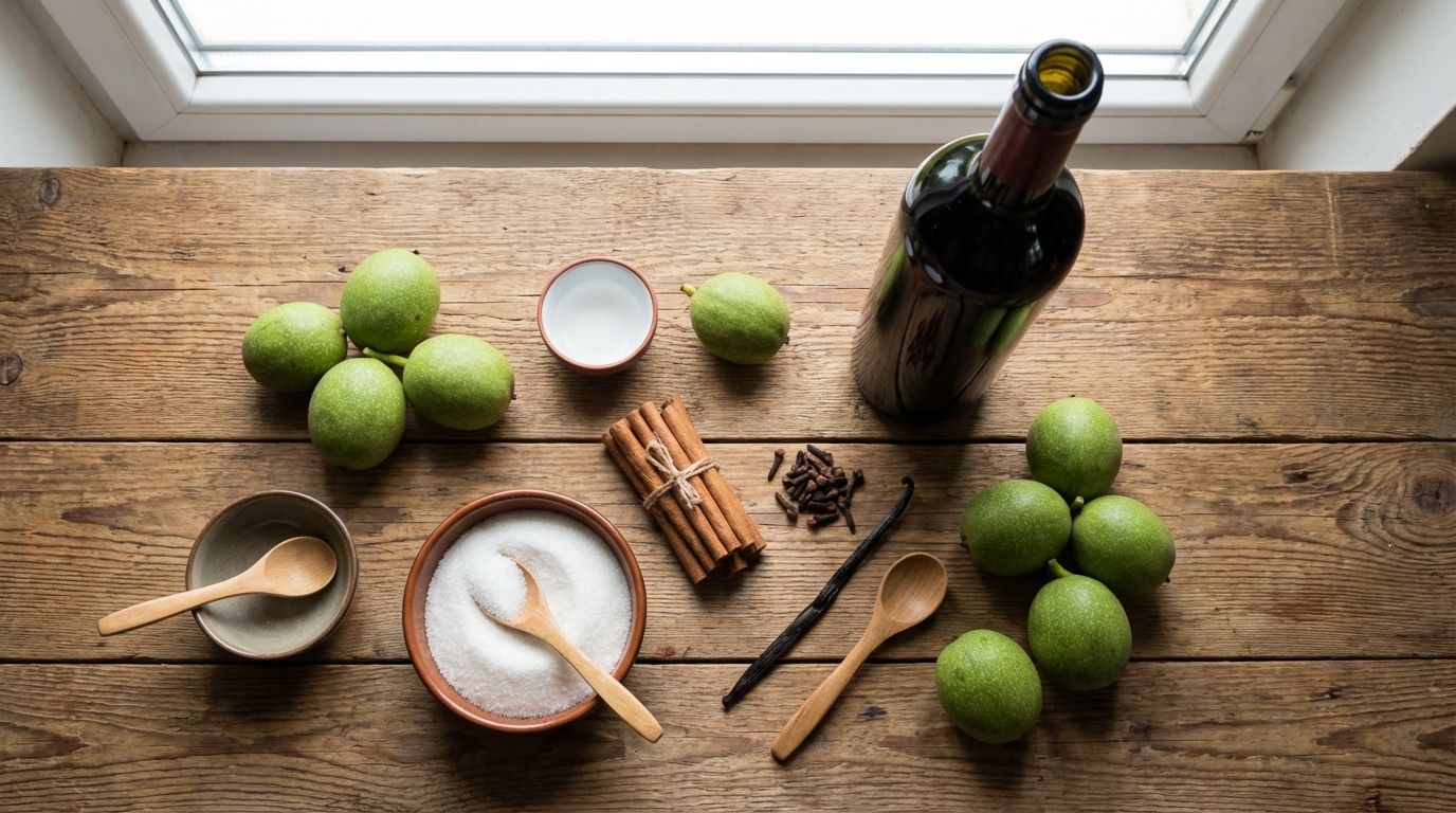 Ingrédients pour la recette du vin de noix : noix vertes, vin rouge, sucre et épices