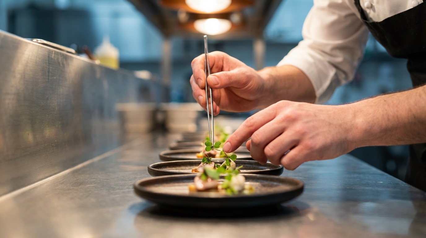 Chef traiteur dressant minutieusement des pièces cocktail en cuisine