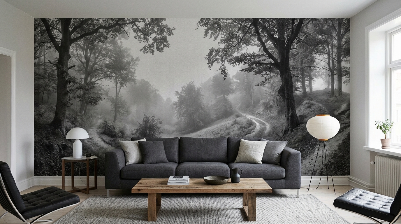 Papier peint panoramique paysage forêt noir et blanc dans un salon moderne