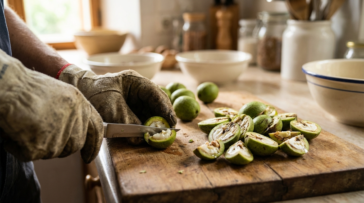 Préparation des noix vertes avec des gants pour éviter les taches de brou