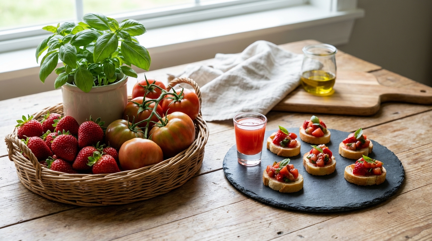 Ingrédients frais de saison et bouchée cocktail terminée sur table en bois