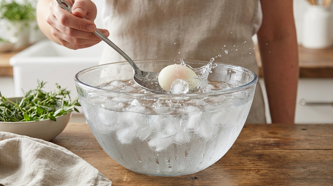 Refroidissement immédiat des œufs dans un bain d'eau glacée