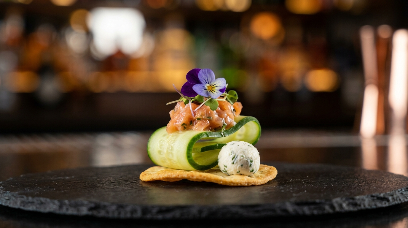 Gros plan macro sur une pièce cocktail gastronomique raffinée