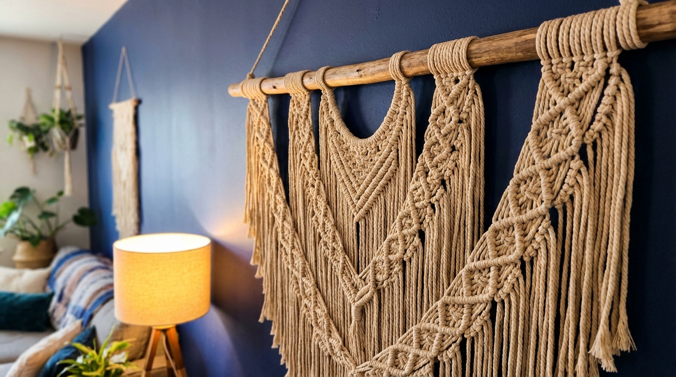 Décoration murale textile macramé beige sur mur bleu salon