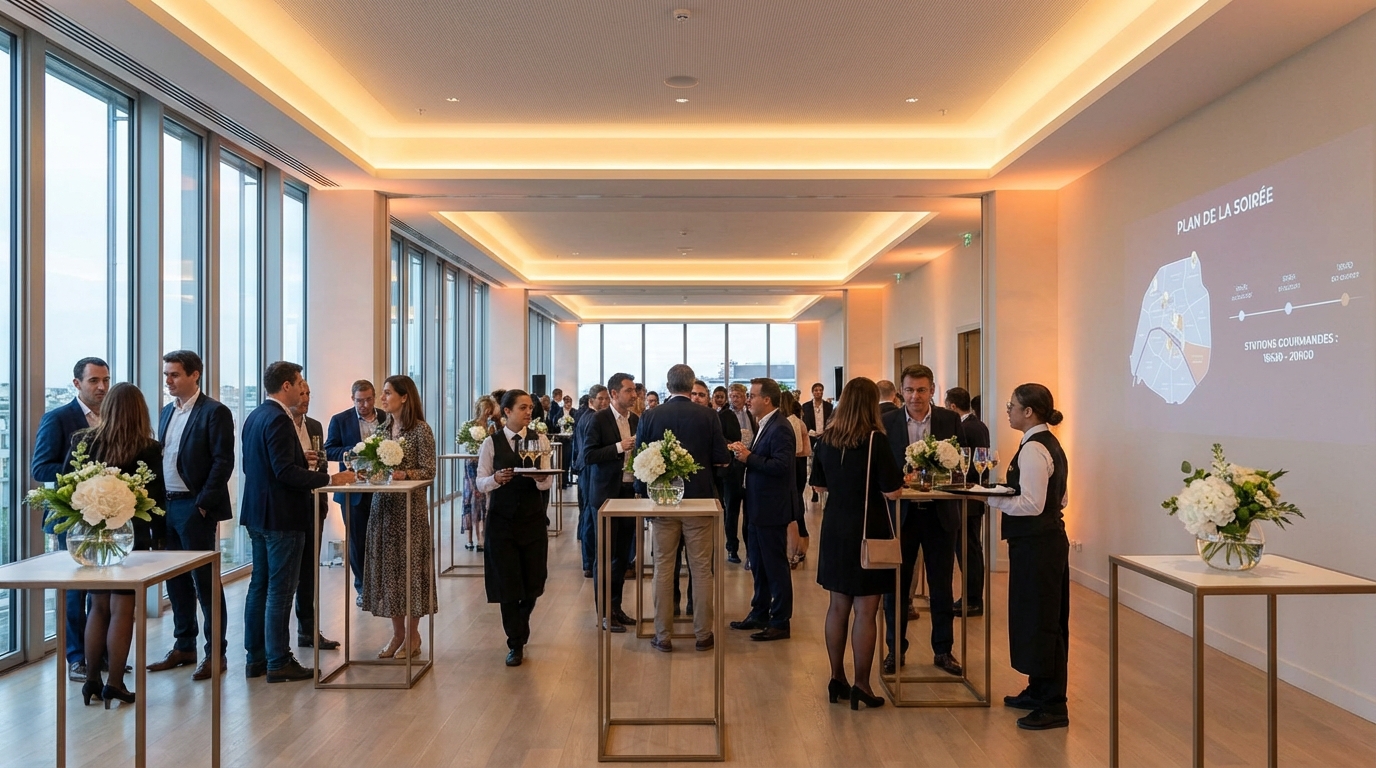Vue d'ensemble d'un cocktail dînatoire d'entreprise réussi avec invités