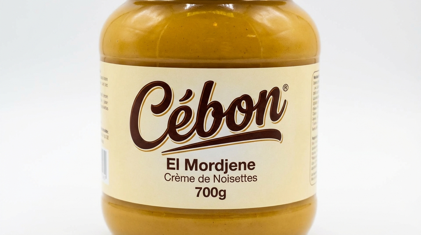 Gros plan sur le pot de pâte à tartiner El Mordjene 700g de la marque Cebon