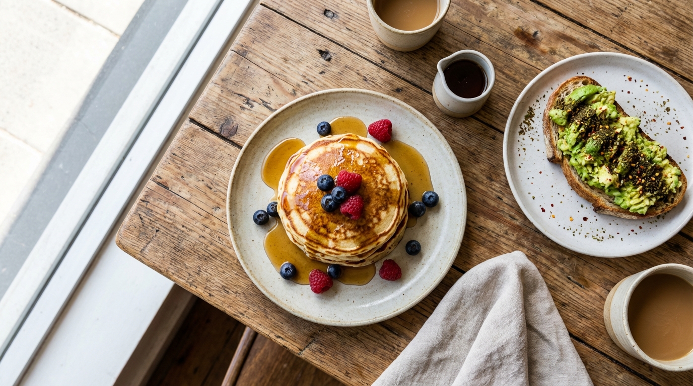 Pancakes moelleux et avocado toast style australien