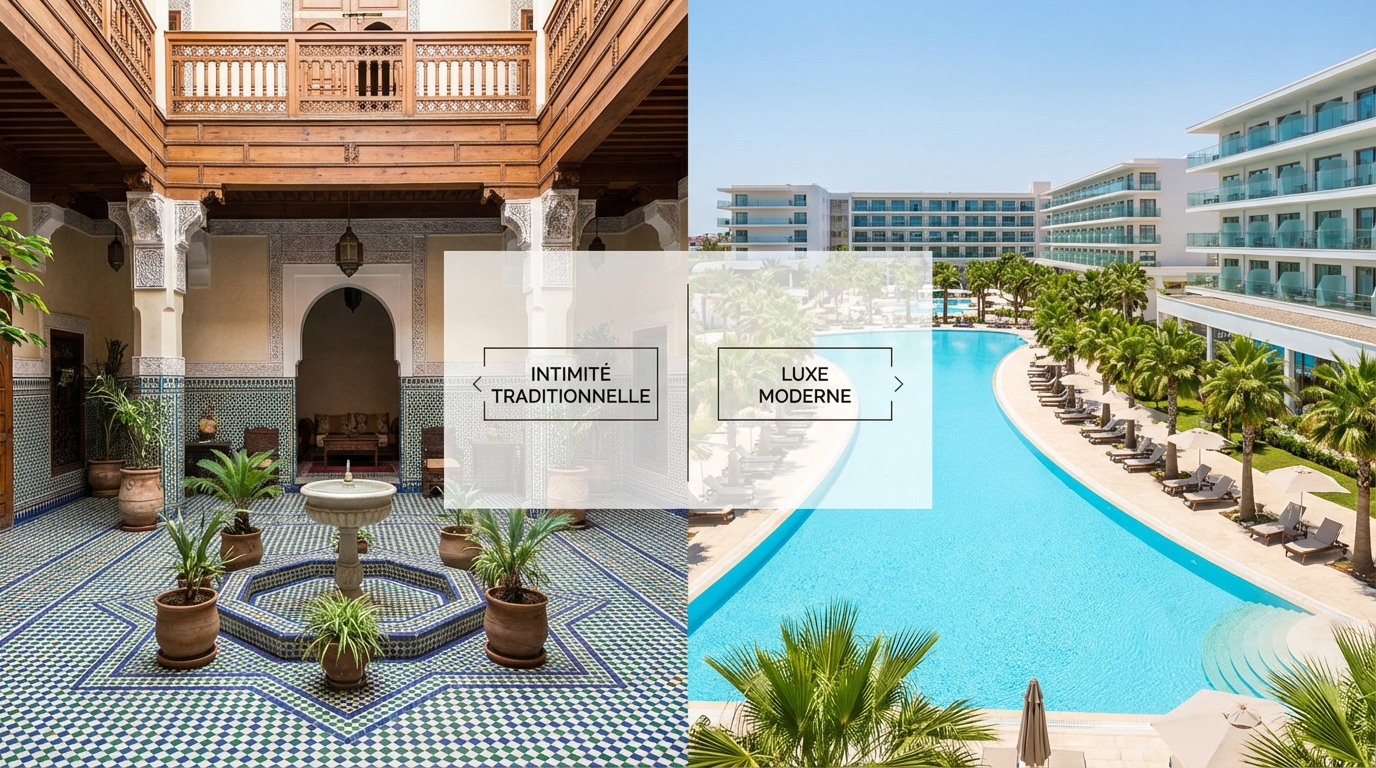 Comparaison hébergement Riad traditionnel vs Club hôtel moderne Marrakech