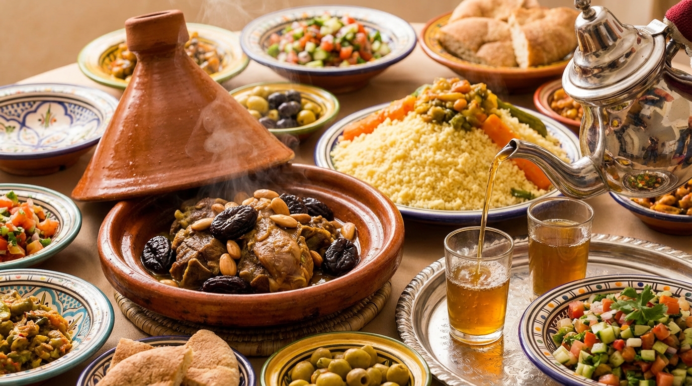 Plats traditionnels marocains tajine couscous et thé à la menthe
