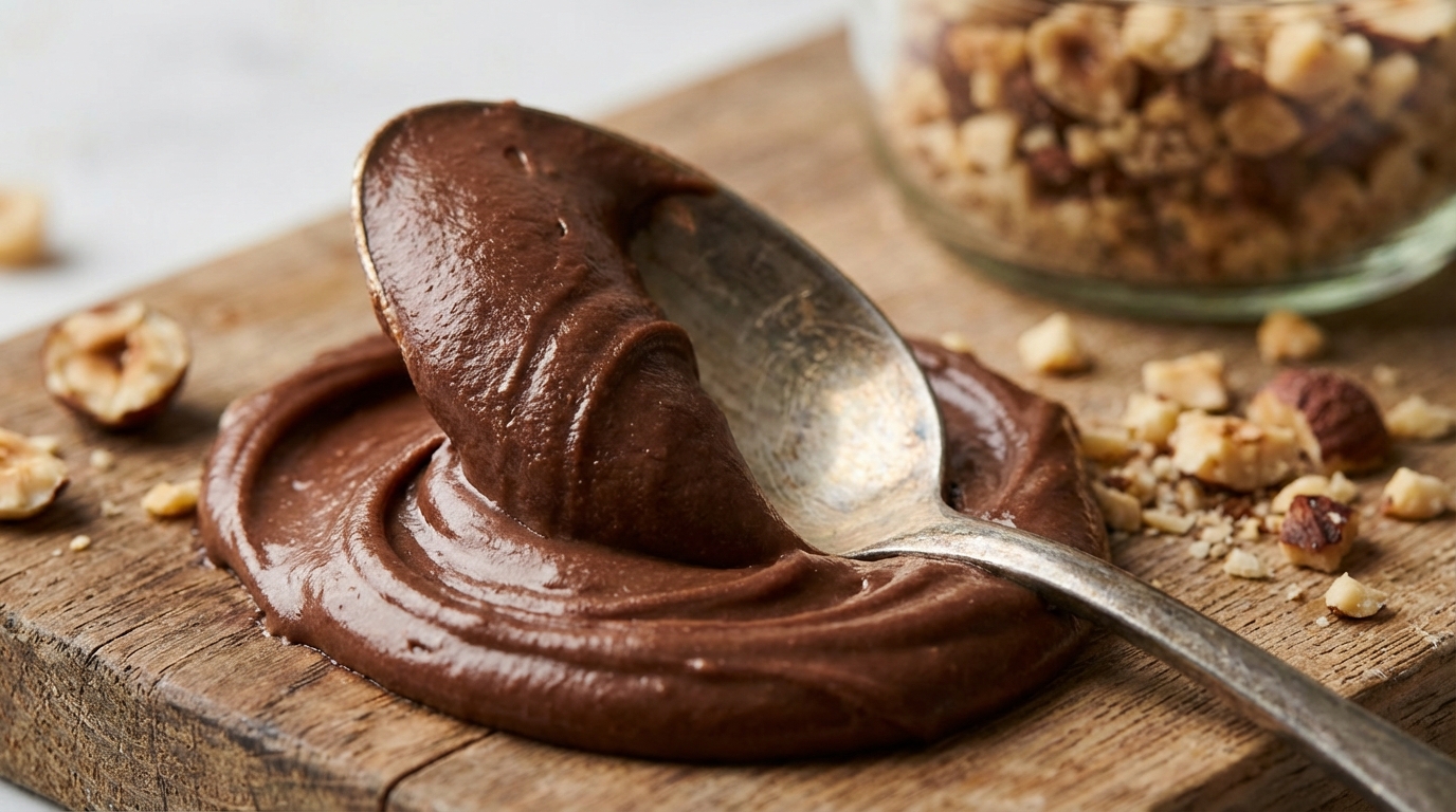 Texture onctueuse de la crème de noisette grillée sur une cuillère