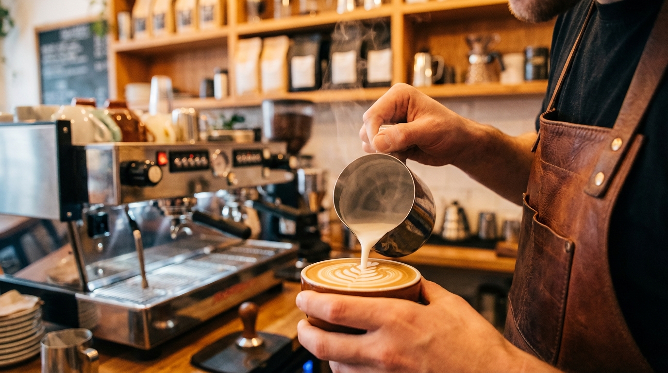 Barista réalisant un latte art sur un café de spécialité