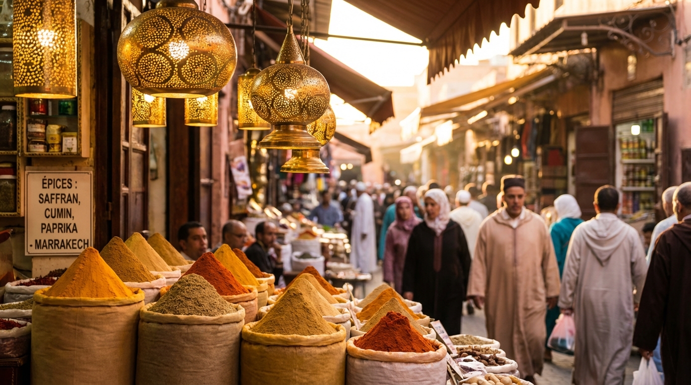 Épices colorées et lanternes dans les souks de la Médina de Marrakech