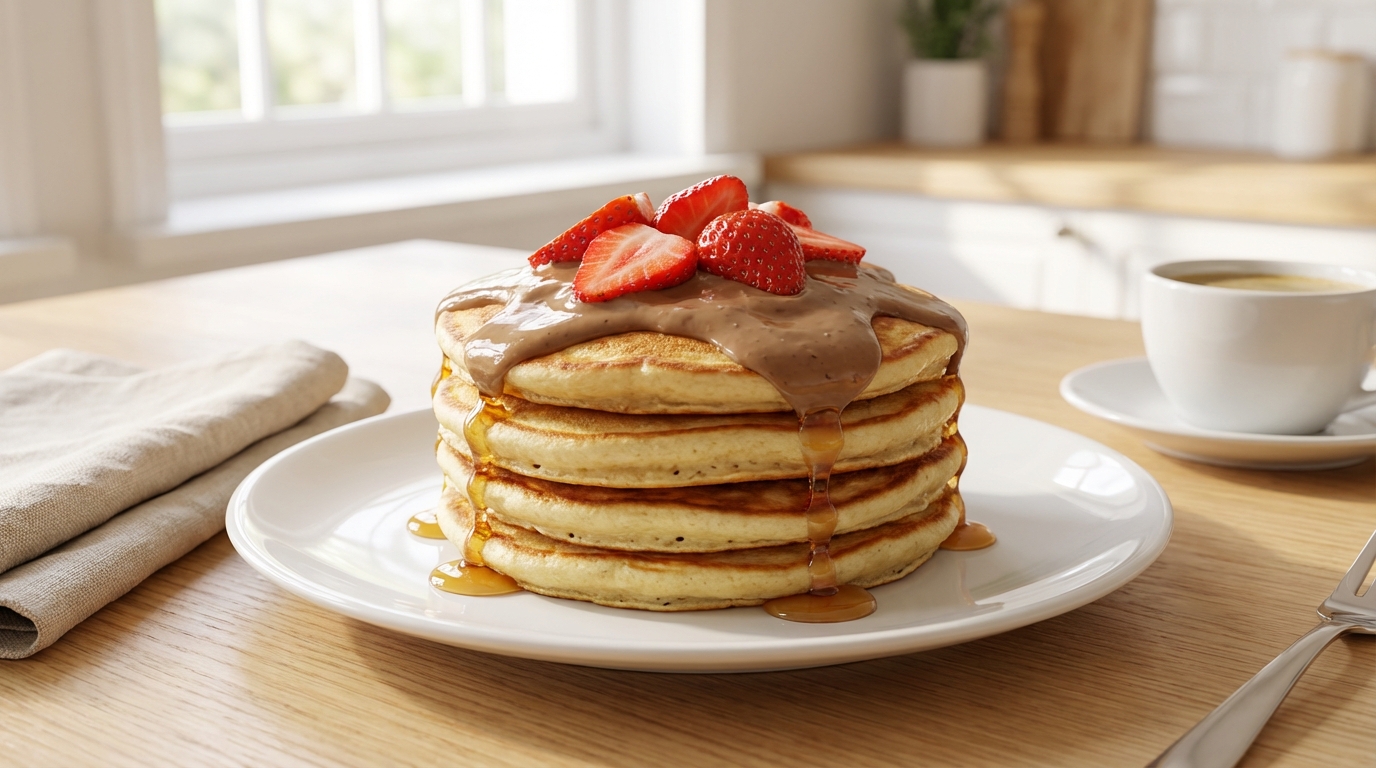 Pancakes moelleux nappés de crème de noisette et accompagnés de fraises fraîches