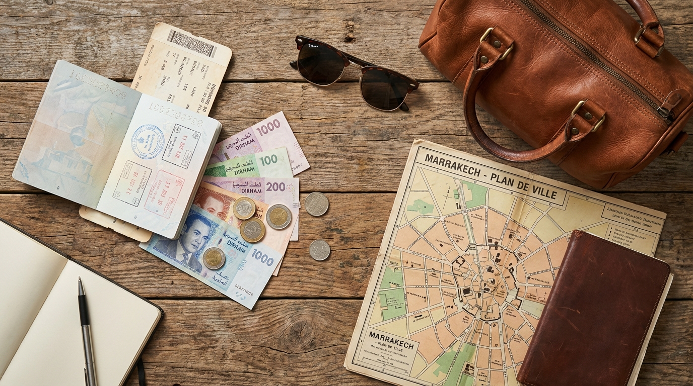 Préparation voyage Marrakech passeport et dirhams