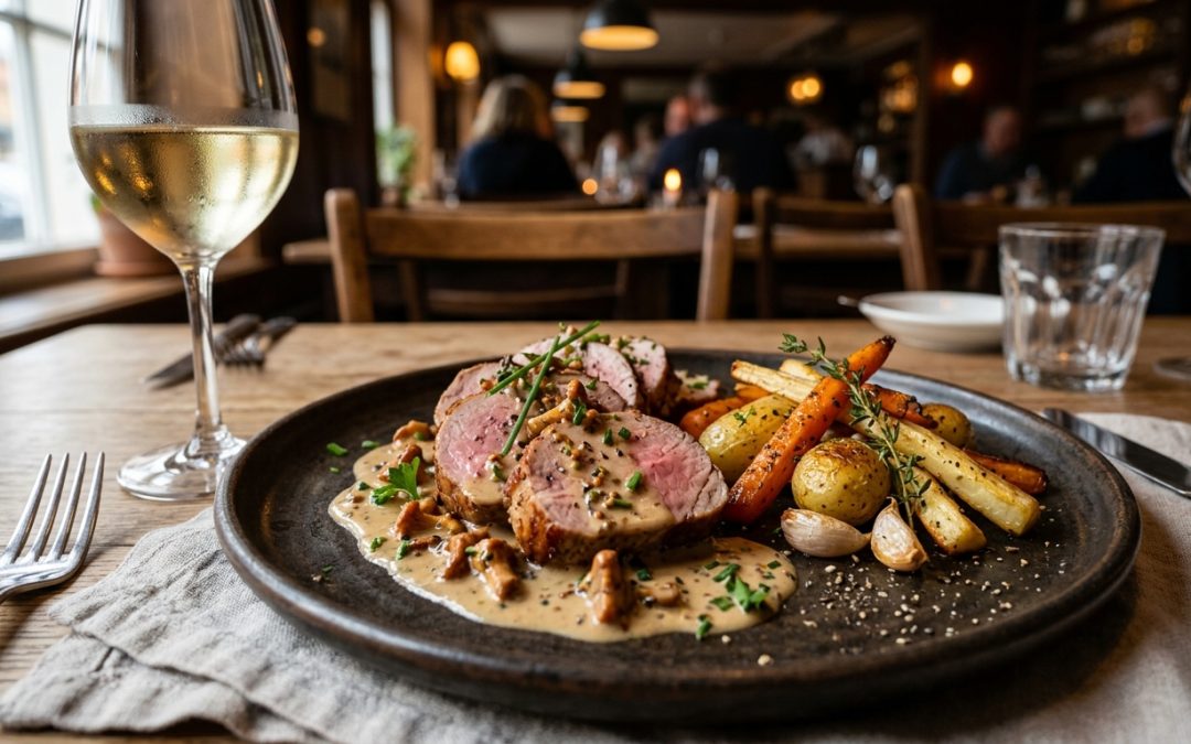 Filet mignon de porc gastronomique tranché avec sauce aux champignons