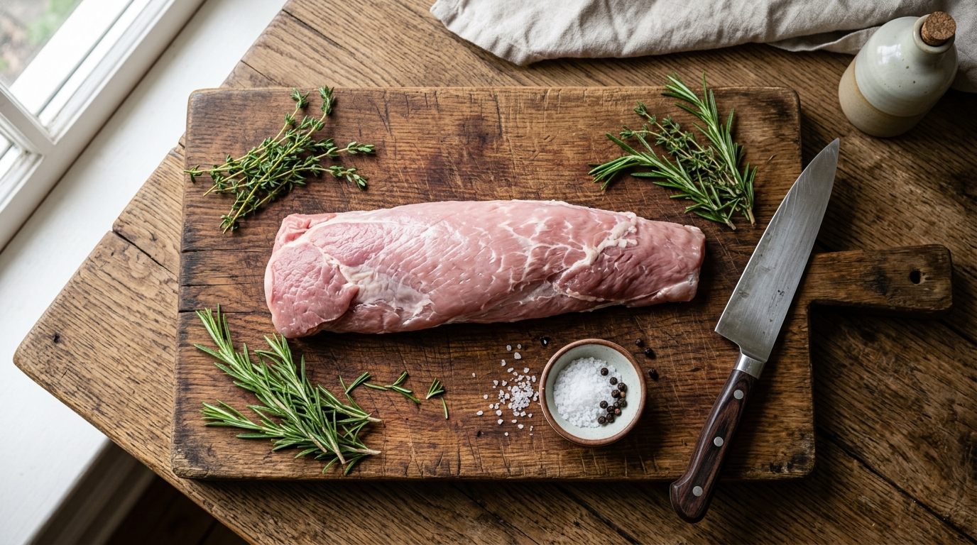 Préparation d'un filet mignon de porc cru sur une planche à découper