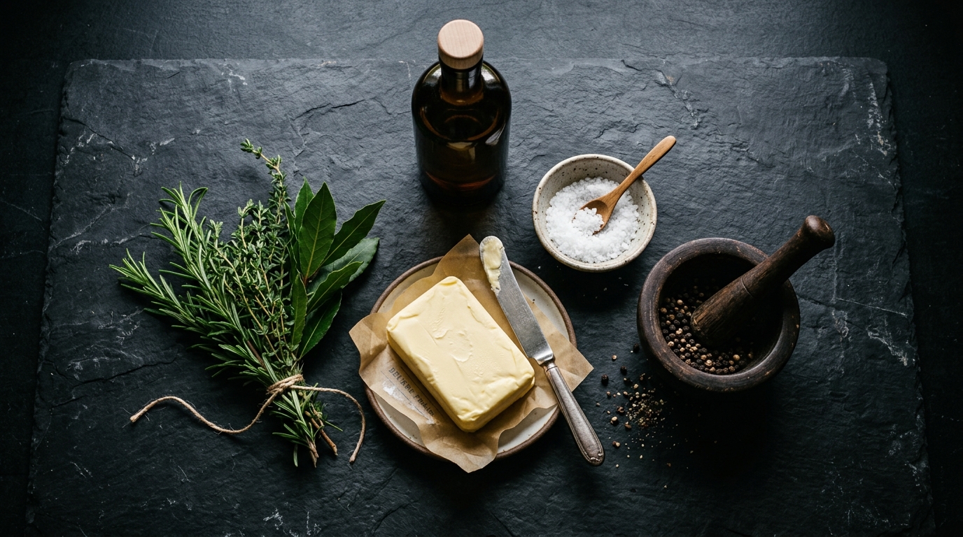 Ingrédients pour la recette du filet mignon : beurre, huile, sel et poivre