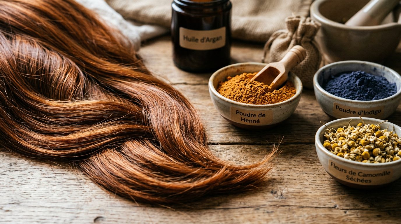 Cheveux brillants colorés naturellement avec pigments végétaux henné et indigo