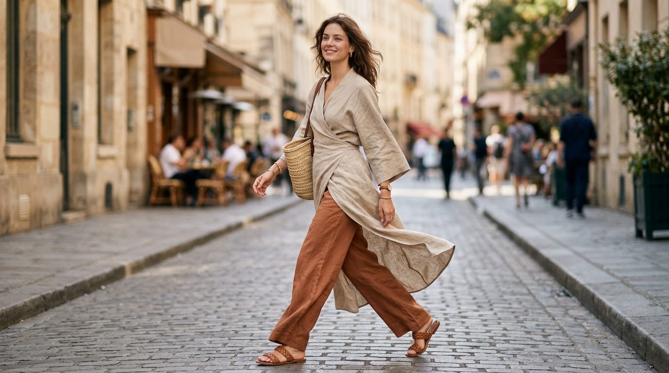 Tenue élégante en lin fluide pour un look effortless chic