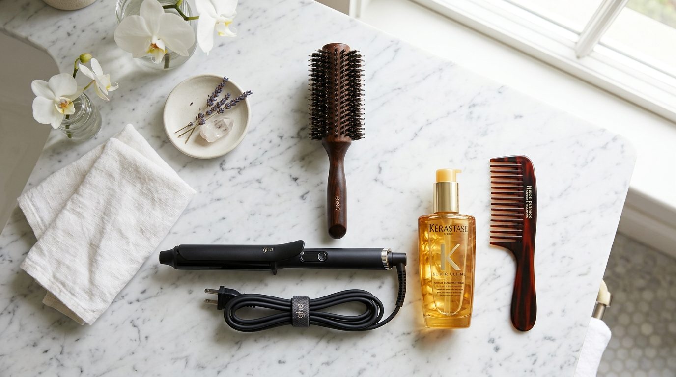 Outils de coiffure professionnels brosse ronde et fer à boucler sur marbre