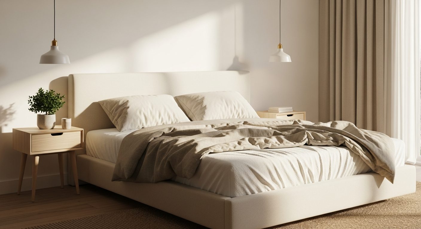 Chambre moderne avec grand matelas 160x200 et linge de lit en lin