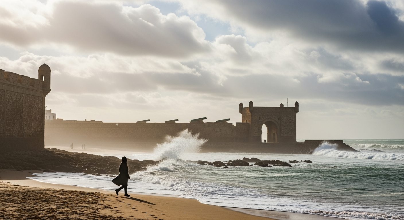 Remparts d'Essaouira et vagues de l'Atlantique sous vent fort