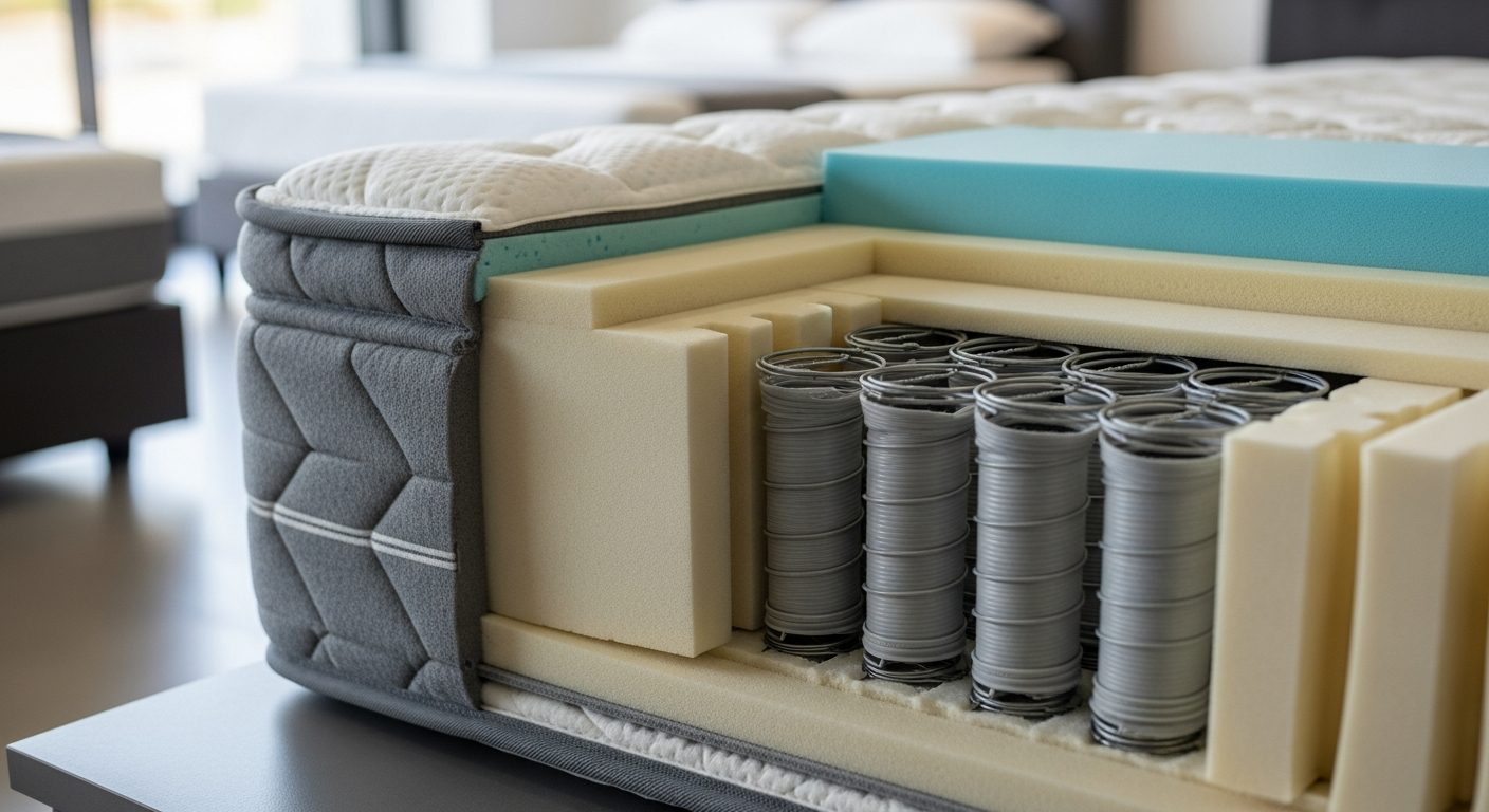 Coupe d'un matelas moderne montrant les couches internes ressorts et mousses