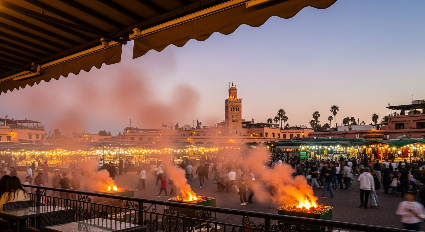 Place Jemaa el-Fna Marrakech au crépuscule avec fumées des food-stalls