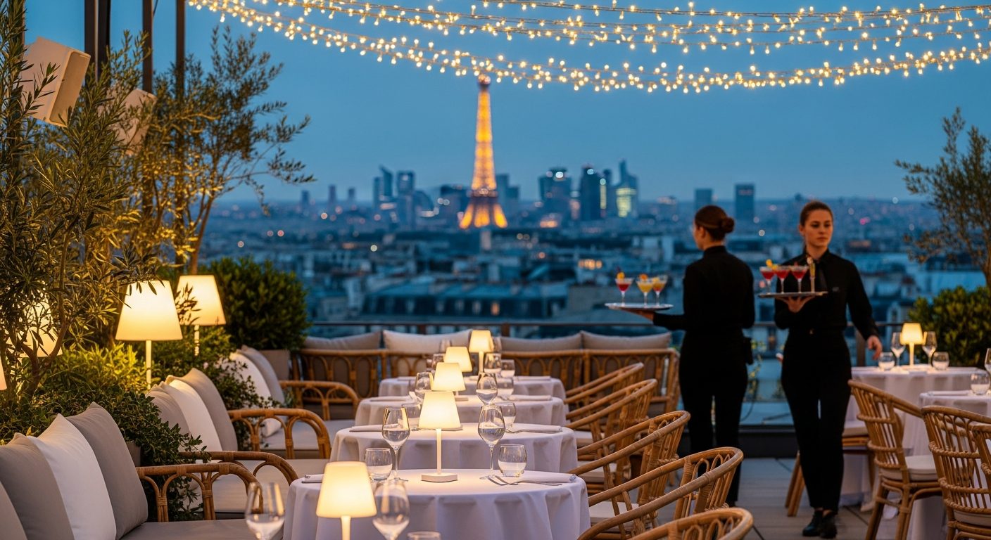 Rooftop parisien au crépuscule avec vue Tour Eiffel pour séminaire