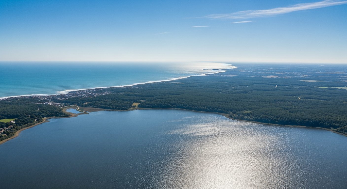 Vue panoramique lac d'Hourtin et océan Atlantique depuis la forêt