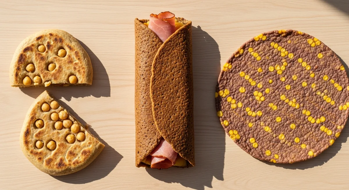 Alternatives sans gluten au pain : galette sarrasin, tortilla maïs et pain pois chiche