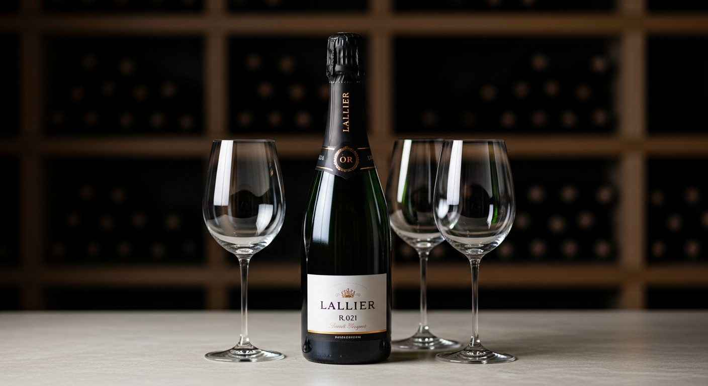 Bouteille champagne Lallier R.021 avec flûtes élégantes