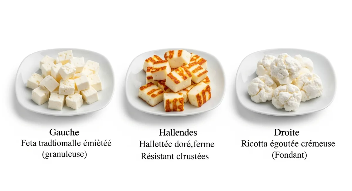 Comparaison textures feta halloumi ricotta pour cuisson remplacement