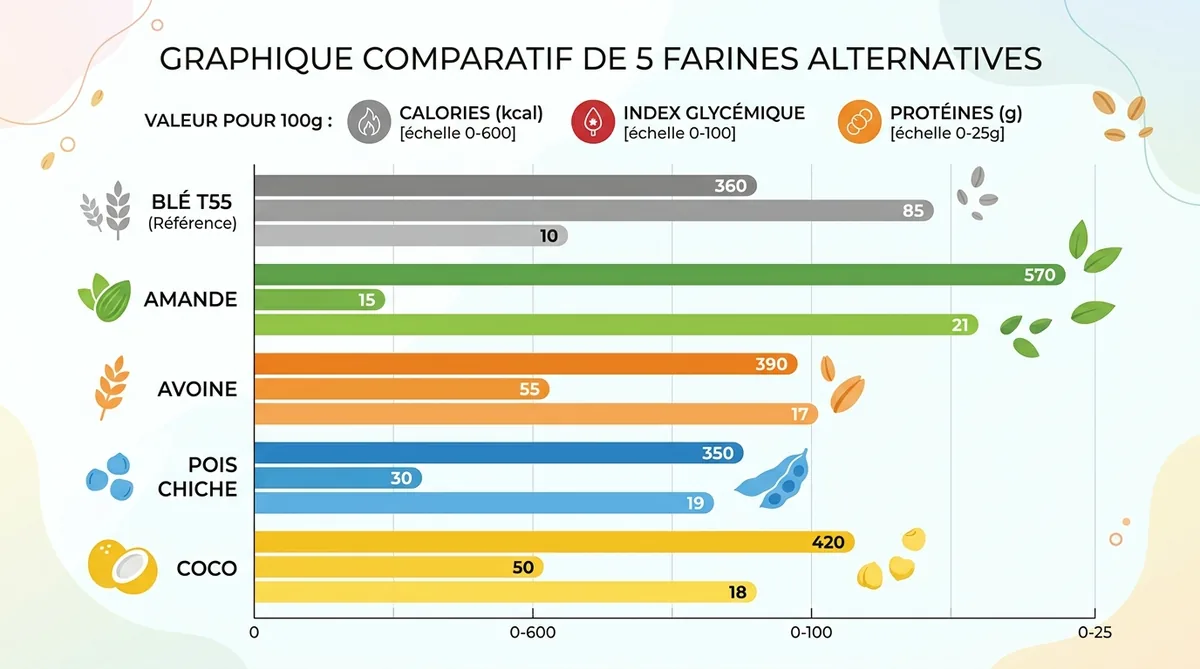 Comparatif index glycémique calories farines amande avoine pois chiche
