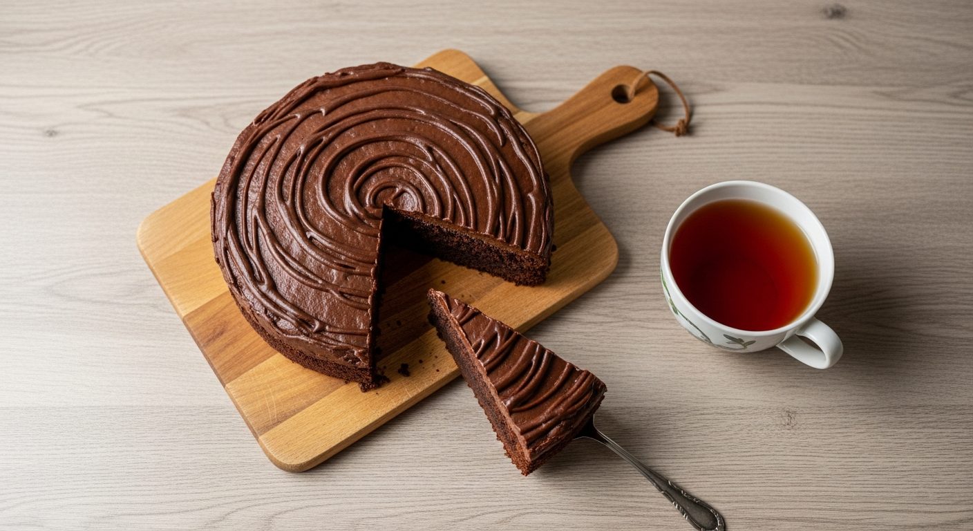 Gâteau au chocolat fondant sans œuf tranché sur planche bois