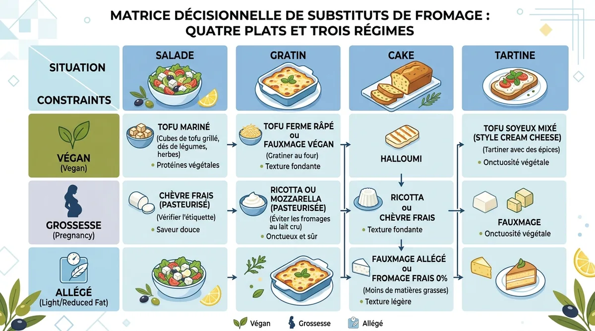 Matrice choix fromage remplacer feta selon plat et régime alimentaire
