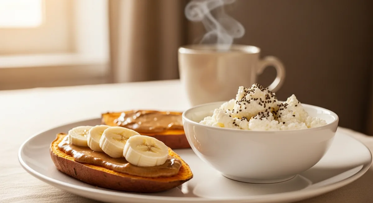 Petit déjeuner sans pain : tartine de patate douce et bol de fromage blanc