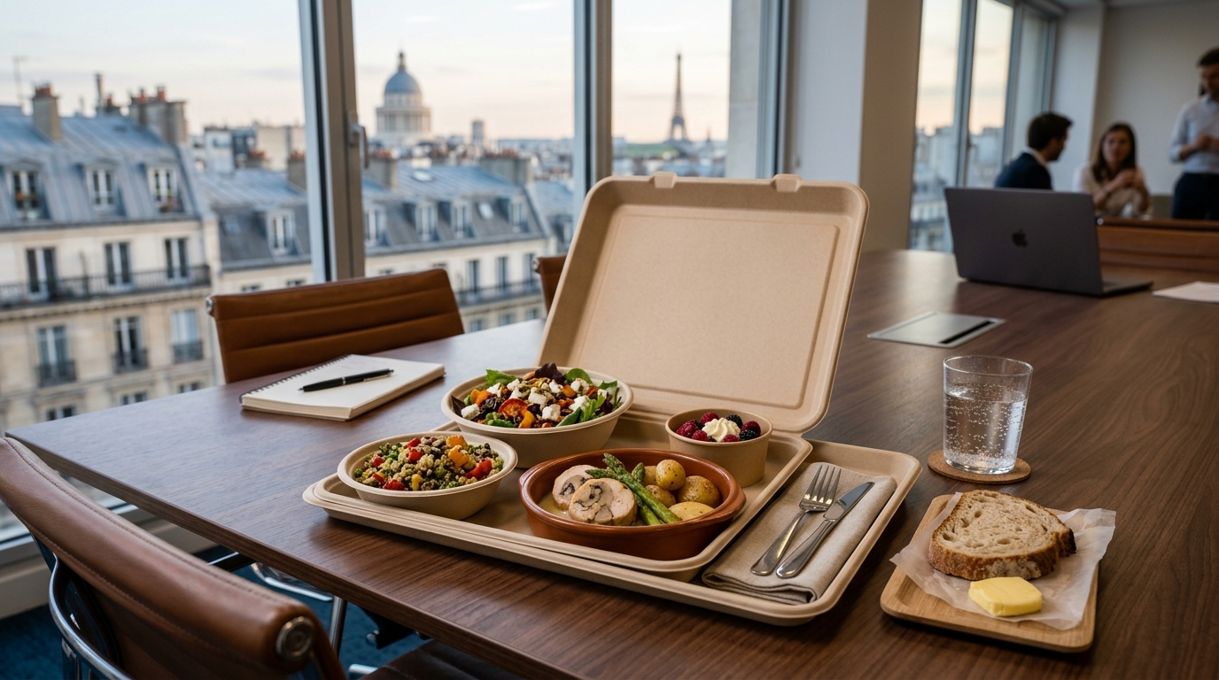 Plateau repas traiteur livré à Paris composition complète emballages écoresponsables