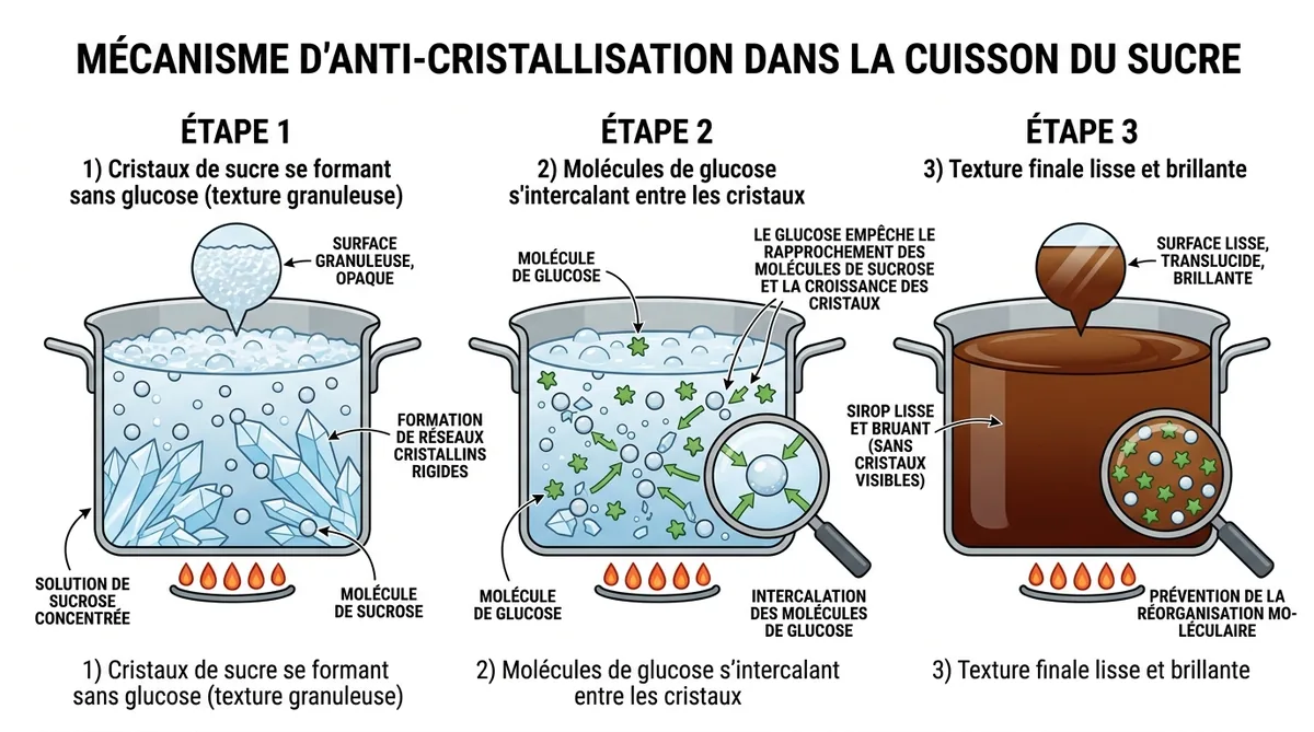 Schéma du mécanisme d'anti-cristallisation du sirop de glucose