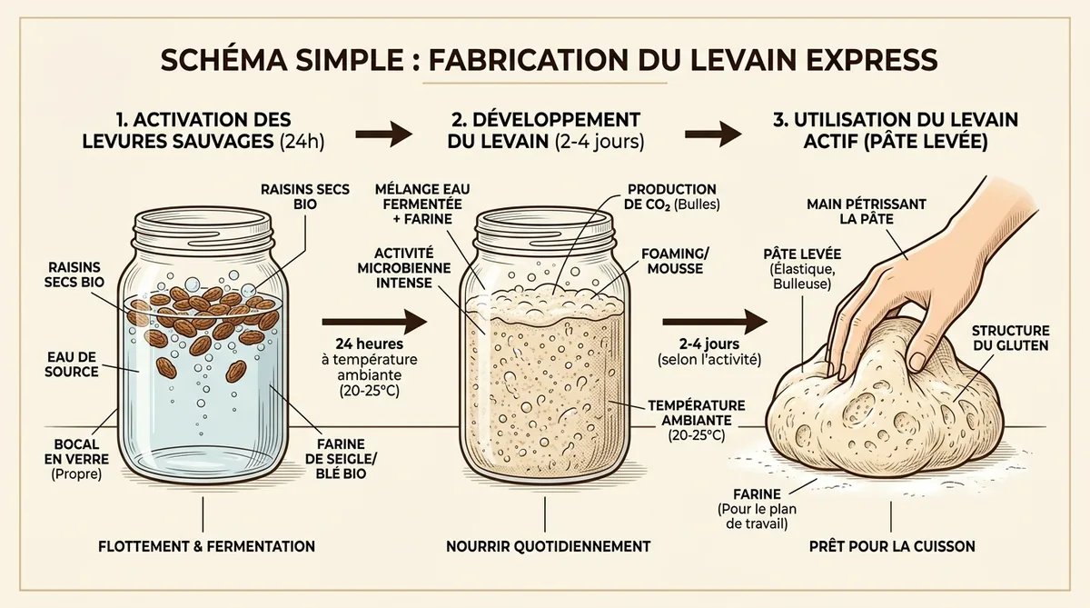 Schéma étapes fabrication levain maison sans levure de boulanger